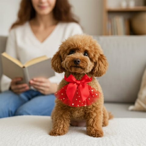 dame canapé fait lecture-caniche-collier-chien-rouge