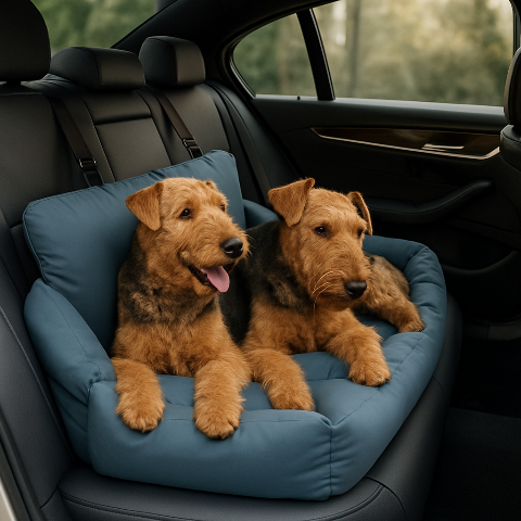 2 airedales coucher voiture dans un siège auto pour chien bleu
