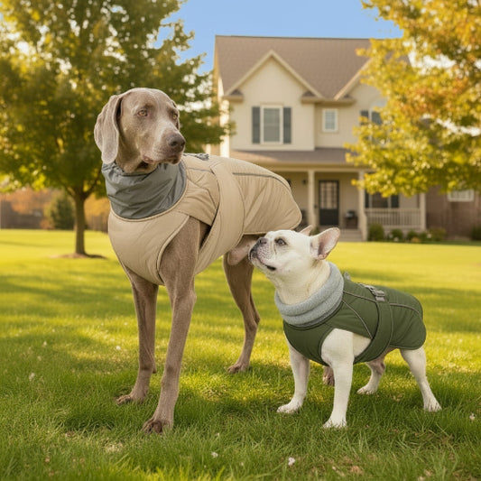 Braque-carlin-manteau-pour-chien-beige-vert devant maison
