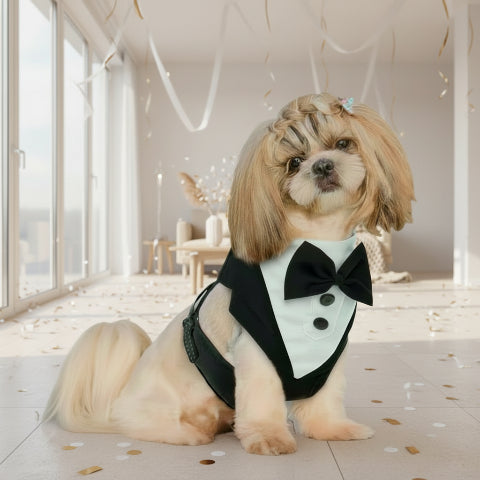 Shih-tzu-Harnais-chien-guirlande dans un salon
