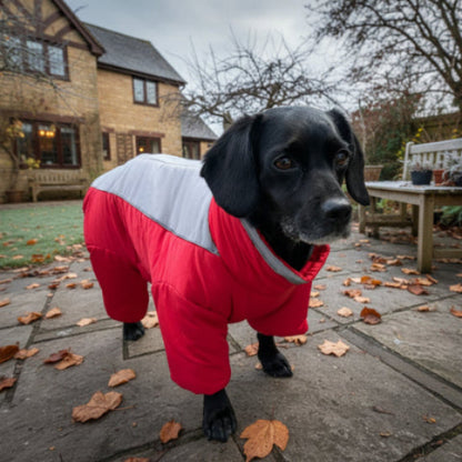 beagle-cour-maison-noir-manteau-chien-rouge