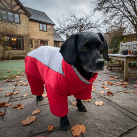 beagle-cour-maison-noir-manteau-chien-rouge