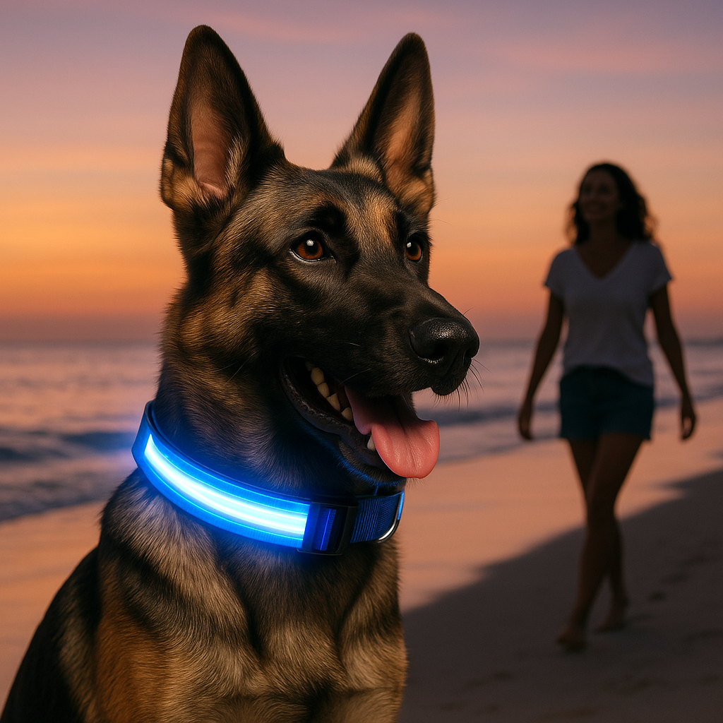 berger allemand femme plage  crépuscule collier chien bleu