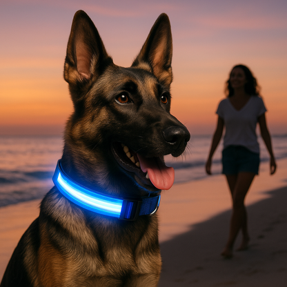 berger allemand femme plage  crépuscule collier chien bleu