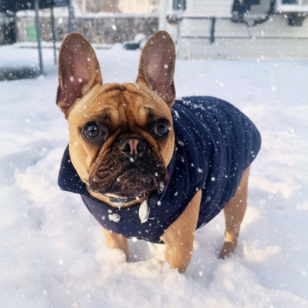 bouledogue neige manteau pour chien bleu