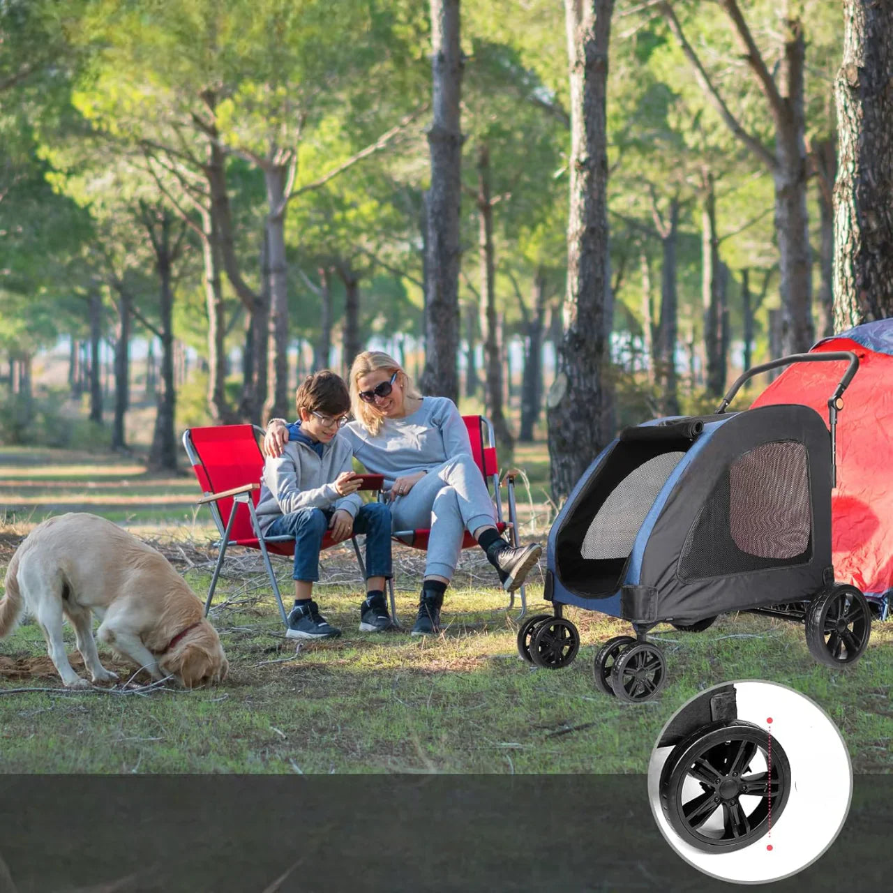 camping boisé famille-poussette-pour-chien-bleu