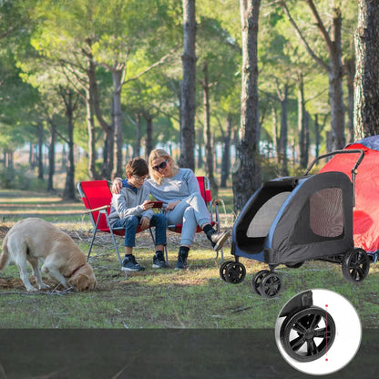 camping boisé famille-poussette-pour-chien-bleu