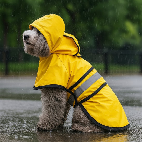 caniche-assis-journée-pluvial-sombre manteau-pour-chien-jaune
