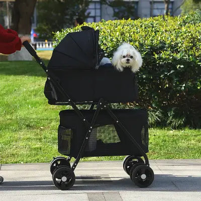 caniche-blanc-partie-supérieur-poussette-pour-chien-noir