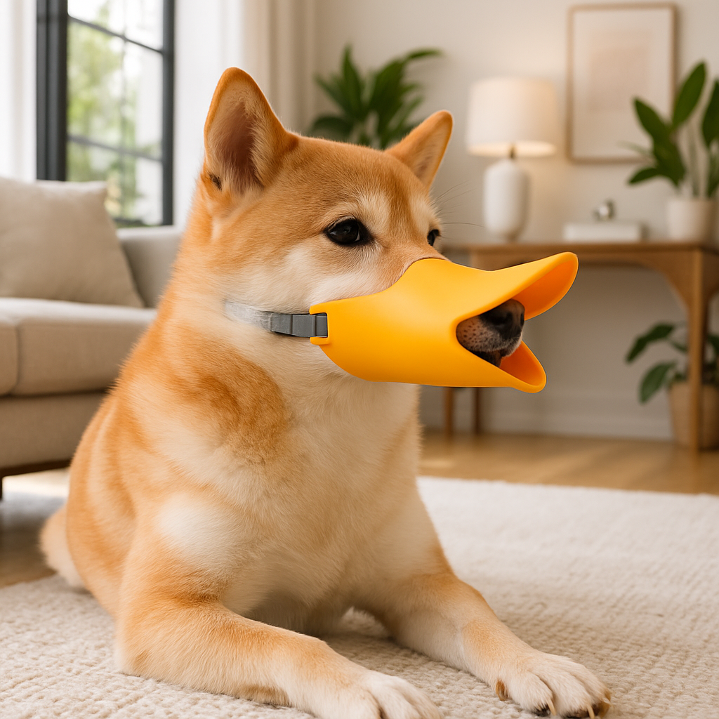 corgi assis salon muselière chien orange