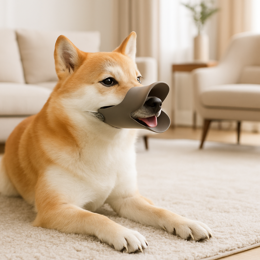 corgi assis tapis muselière chien gris