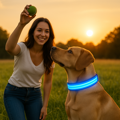 femme balle labrador balle champs soleil couchant collier chien bleu