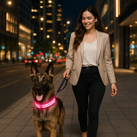 femme berger allemand laisse trottoir lumière ville collier chien rose