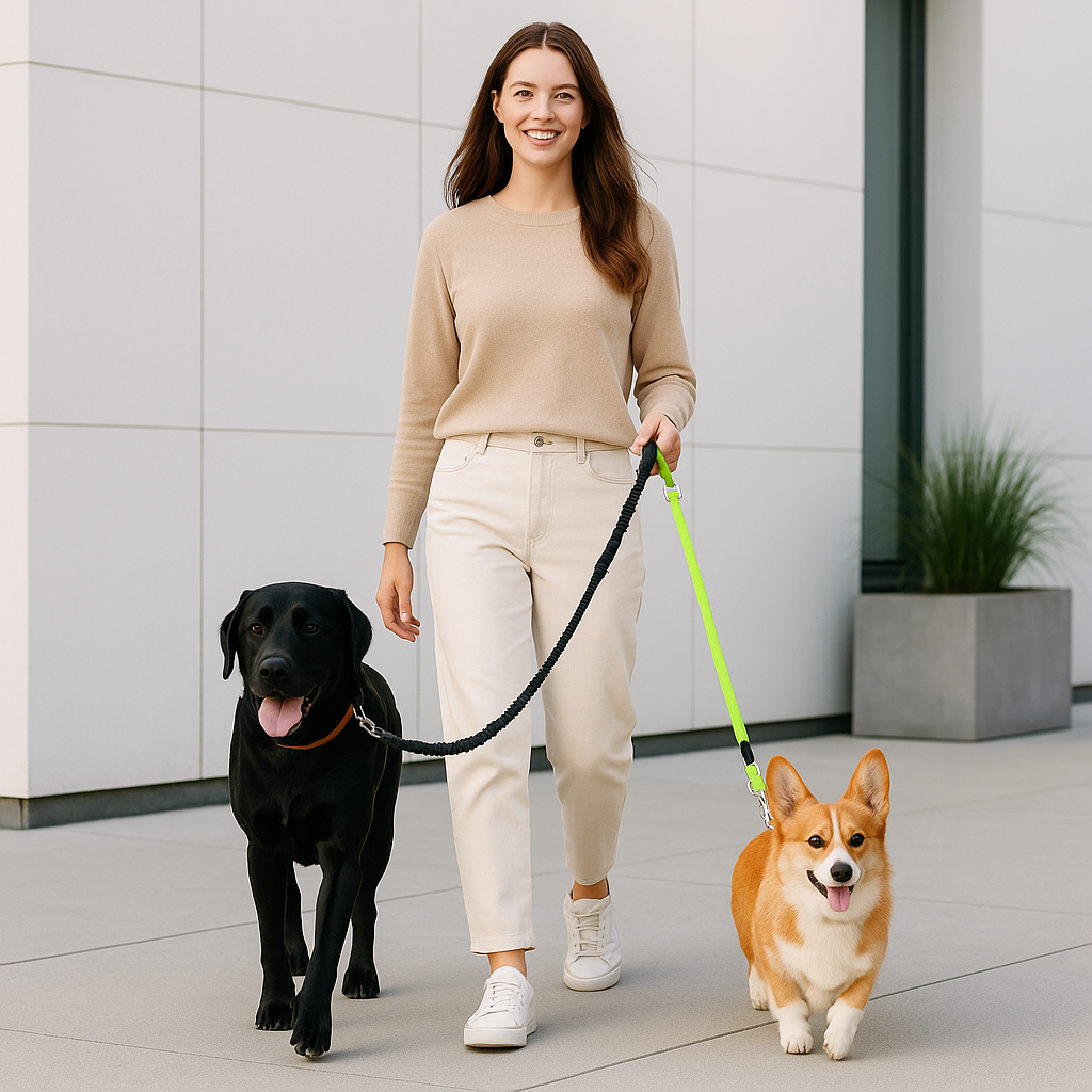 femme-laisse-double-pour-chien-fluo