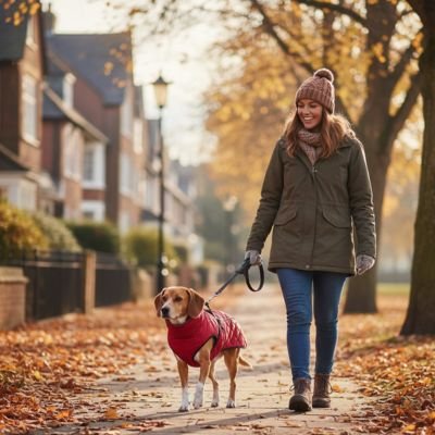femme-marche-automne- feuille tombe trottoir beagle-manteau-pour-chien-rouge