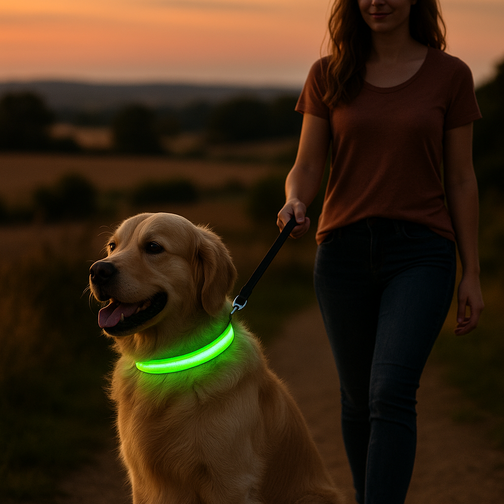 femme marche golden retriever collier chien vert