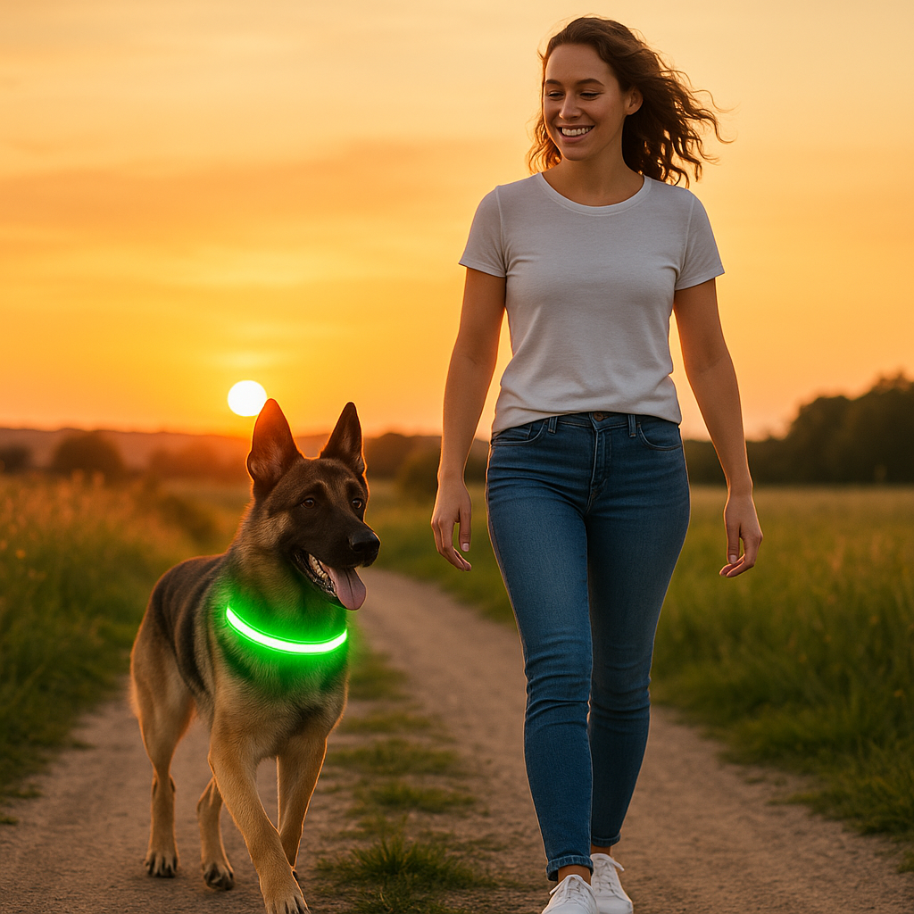 femme sentier coucher soleil berger allemand collier  chien vert Led