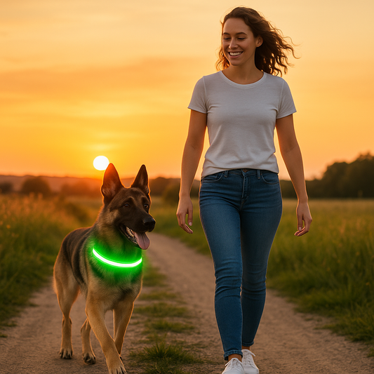 femme sentier coucher soleil berger allemand collier  chien vert Led