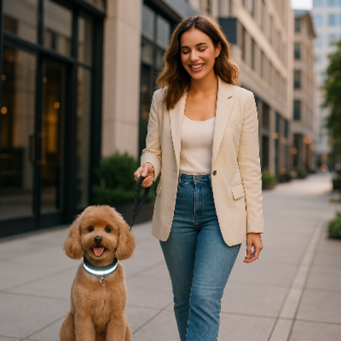 femme souriante trottoir laisse caniche collier chien noir