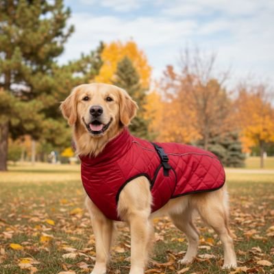 golden-retriever-parc-automne-feuille-tombe-manteau -pour-chien-rouge