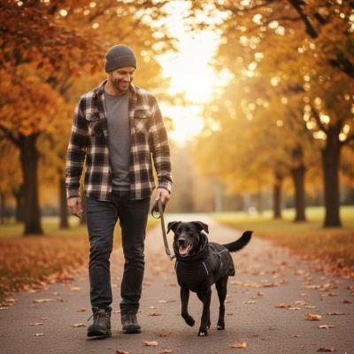homme-marche-automne-feuille arbre tombe labrador-manteau-pour-chien-noir
