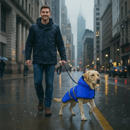 labrador avec homme promène ville pluie manteau pour chien bleu