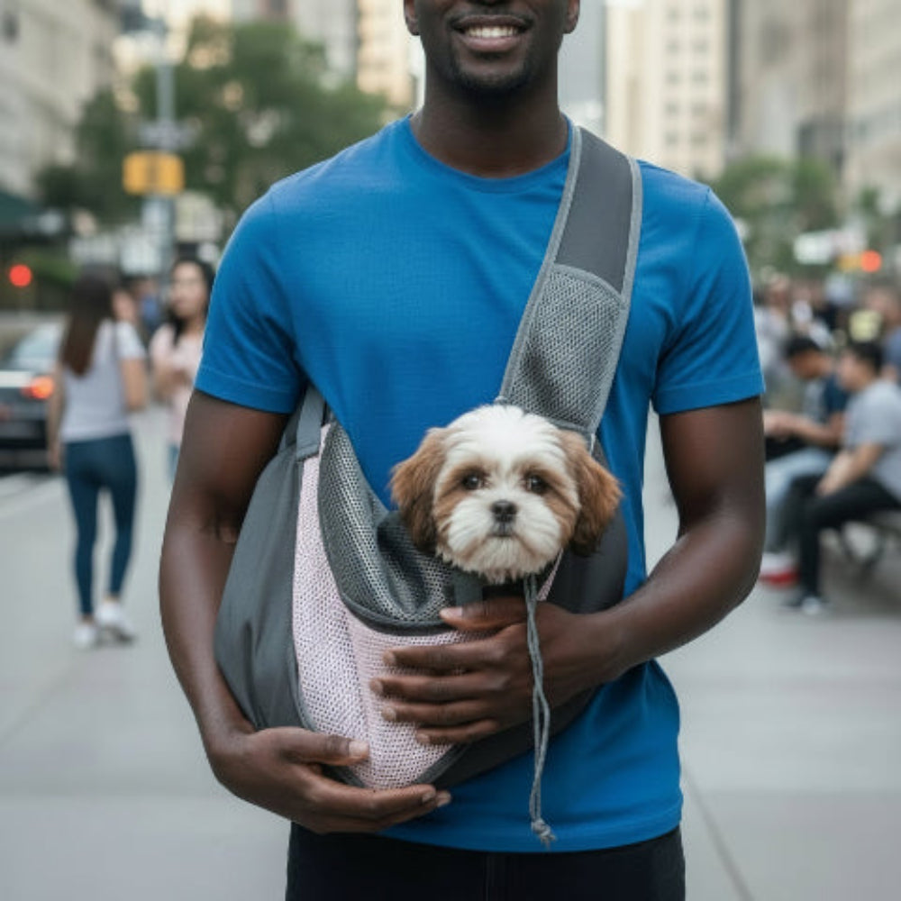 homme porte un Sac de transport pour Chien rose