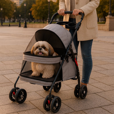 shih tzu dame poussette pour chien gris